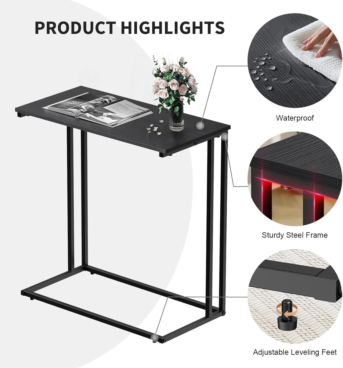 C-Shaped Side Table, Modern End Table with Metal Frame, Space Saving Design for Living Room，Large Surface Couch Table for Bedroom, and Home Office，24 x 12 x 24 inches (Black)