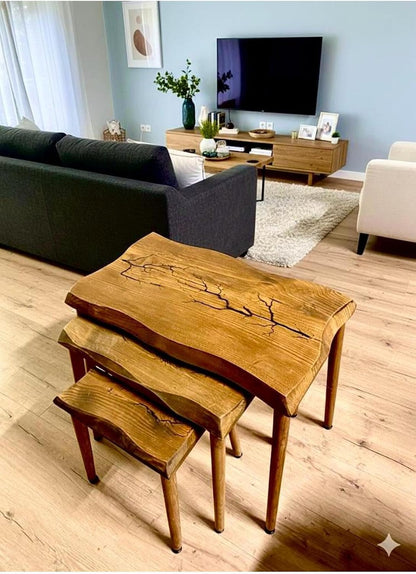 SODEF Handmade Walnut Wood Side Table Set, 3-Piece Nesting Tables, Wood Grain, Retro Style, Largest Table 24.4 x 13.4 x 21.7 inches, Unique Irregular Design - Brown