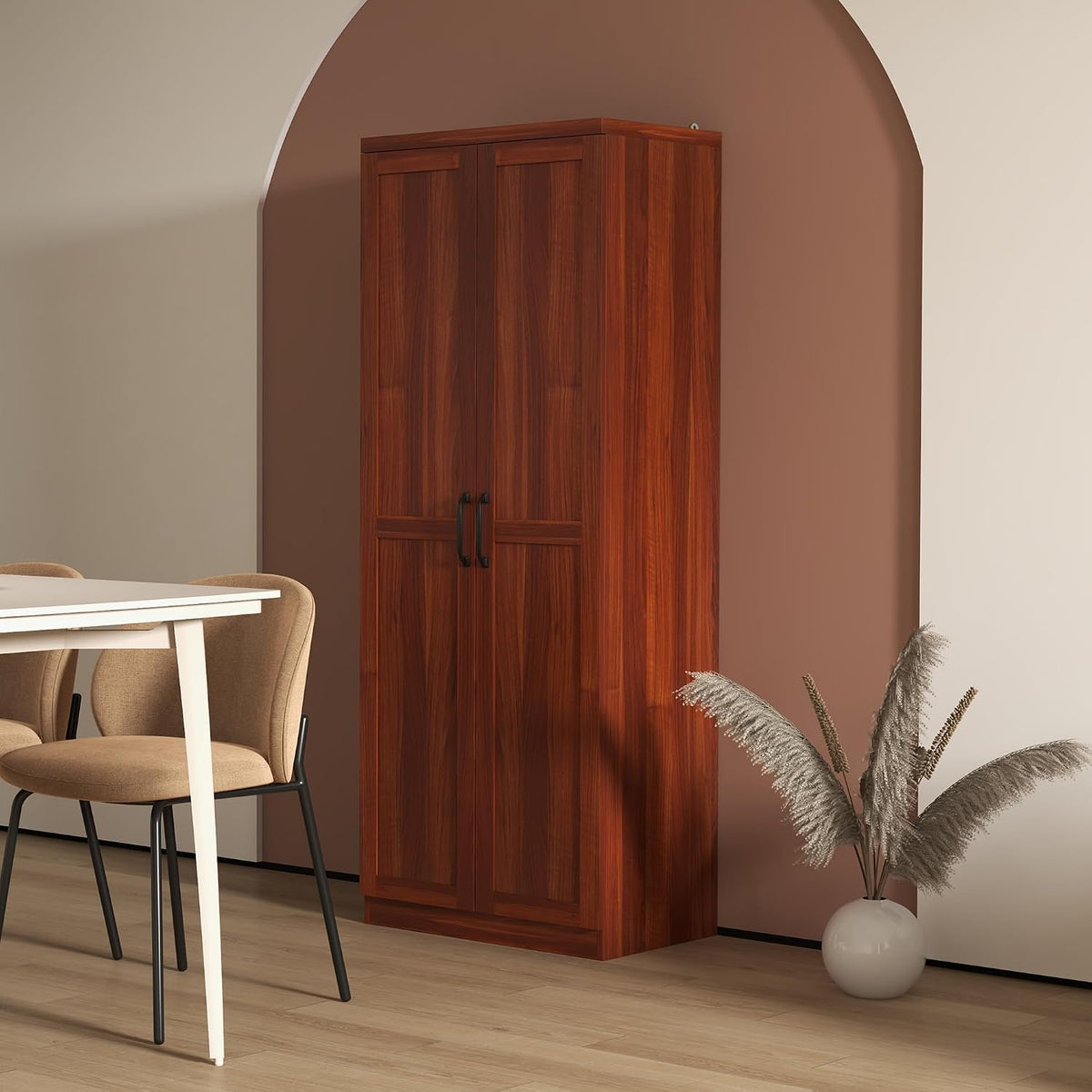 63" 2-Door Kitchen Pantry, Freestanding Storage Cabinet with 5-Tier Shelving and 2 Adjustable Shelves for Dining Room, Cherry Wood Color