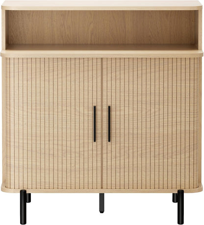 SUNCOZE Buffet Sideboard Cabinet with Big Storage Space, Fluted Coffee Bar Cabinet with Shelves, Modern Wood Console Cabinet for Kitchen, Entryway & Living Room (Wood)