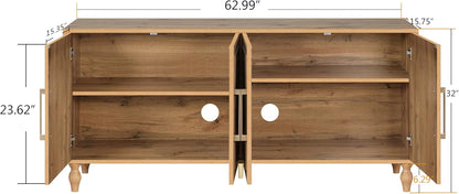 Sideboard Buffet 63" Credenzas for Living Room, Entryway Table with Storage Cabinet Natural Wood Color, Carved Flowers Doors & Cable Holes
