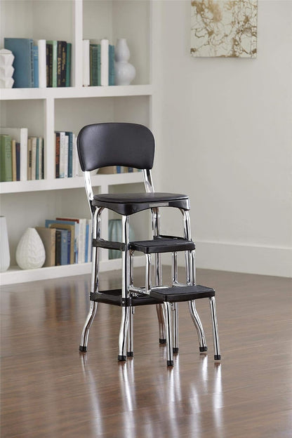 COSCO Retro Plastic & Vinyl Upholstered Stylair Retro Counter Height Chair with Step Stool, Comfortable Cushioned Seat and Back, in Black & Chrome Finish