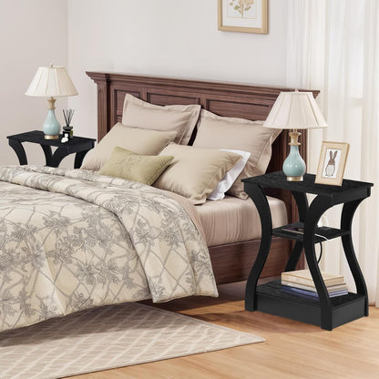 ZENY End Tables Set of 2 with Charging Station, Side Table with USB Ports and Outlets, 3 Tier Nightstand with Storage Shelf for Living Room, Bedroom, Black