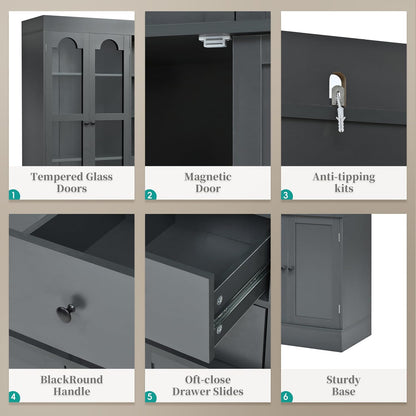roomfitters 75 Inch Tall Kitchen Pantry Buffet Hutch with 4 Drawers and Glass Doors, Shaker Style, Gray
