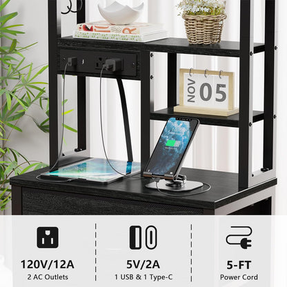 Furnulem Tall Nightstand, LED Night Stand with Charging Station | USB Ports, 4 Fabric Drawers and 4 Tier Storage Shelf, Nightstands Bedside Tables for Bedroom, Dorm, Office (Black Oak)