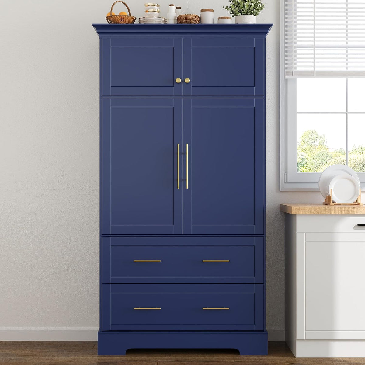 Farmhouse Kitchen Pantry Cabinet, Tall Freestanding Cupboard with Pull-Out Trays, Drawers and Cake Pan Storage Organizer for Kitchen, Dining Room (Blue)