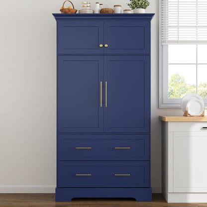 Farmhouse Kitchen Pantry Cabinet, Tall Freestanding Cupboard with Pull-Out Trays, Drawers and Cake Pan Storage Organizer for Kitchen, Dining Room (Blue)