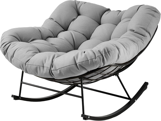 JEAREY Papasan Rocking Chair, Outdoor Oversized Egg Chair, Grey | Oversized papasan rocking chair with thick cushion and smooth rocker base for porch, patio, bedroom, living room