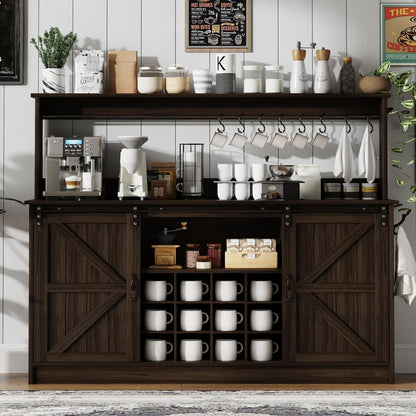 4ever2buy 55" Farmhouse Coffee Bar Cabinet with Storage & Wine Rack, Oak | Storage Hutch with Adjustable Shelves, Wine Rack and 8 Hooks for Living Room or Dining Room Storage