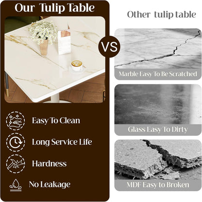 Square Dining Table,31.5'' Small Modern Square Dining Table, Sintered Stone Tulip Tables for 2–4 with Aluminum Alloy Edge&White Metal Base, Bistro Tables for Restaurants/Small Spaces/Marble White Gold