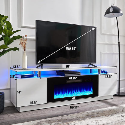 AMERLIFE 70" High-Gloss Fireplace TV Stand with 36" Electric Fireplace | White/Black LED TV Console, Modern Living Room Entertainment Center, Fits TVs up to 80", 2 Cabinets, 2-Tier Storage Space