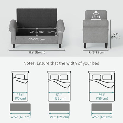 HOMCOM 50" Storage Ottoman Bench Button Tufted End of Bed Bench Gray | Upholstered, Rolled Arms, Wood Legs, Safety Hinges, for Living Room, Entryway, Bedroom