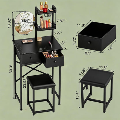 X-cosrack Small Black Makeup Vanity Desk 19.7''W with Adjustable Mirror and Chair, Space-Saving Vanity Table with 2 Fabric Drawers 2 Opening Shelves for Girls Gifts, Bedroom, Small Spaces, Black
