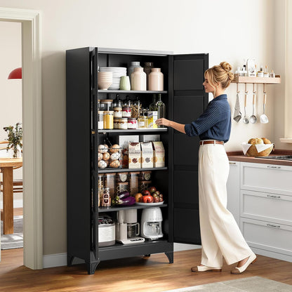 Yizosh Metal Pantry Cabinet,- 72" Black Kitchen Pantry Storage Cabinet with Doos and Adjustable Shelves for Kitchen, Living Room,Dining Room,Home