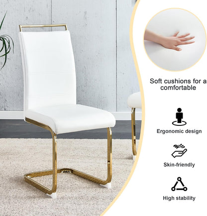 Dining Chairs Set 4, Armless White Kitchen Chairs, Waterproof Faux Leather Dinner Chairs with Upholstered Seat, Side Chairs with Black Metal Frame for Kitchen Dining Room