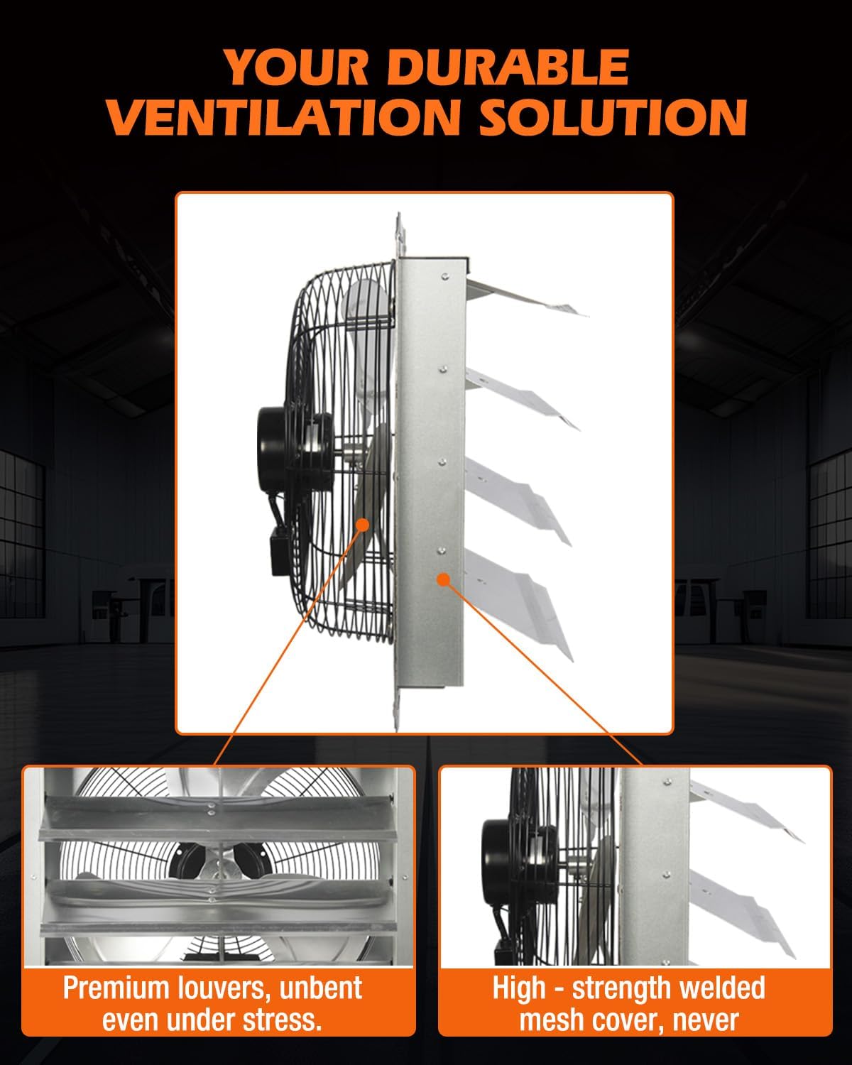 JVO 18 Inch Shutter Exhaust Fan - 2600 CFM High Velocity Wall Mounted Ventilator, 1.8m Power Cord, Auto Shutters - for Garage, Attic, Greenhouse, Shed, Shop, Workshop & Industrial Ventilation
