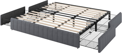 Allewie King Size Platform Bed Frame with 4 Large Storage Drawers, Velvet Vertical Channel Tufted Upholstered Bed Base, Wooden Slats Support, Noise-Free, No Box Spring Needed, Easy Assembly, Grey