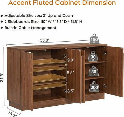 Yechen 110" Modular Fluted Sideboard Buffet Cabinet with Storage, Wood Mid Century Modern Credenza Cabinet w/Arched Reeded Doors & Adjustable Shelves for Kitchen, Living Room, Walnut