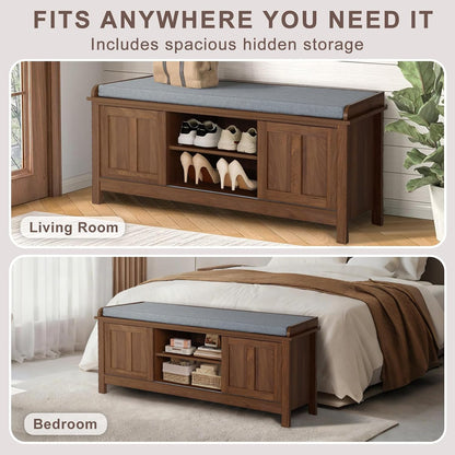 2-Tier Shoe Storage Bench,43" Wooden Shoe Cabinet with Sliding Doors,Walnut Shoe Bench with Adjustable Shelves,Storage Bench for Entryway,Hallway,Bedroom