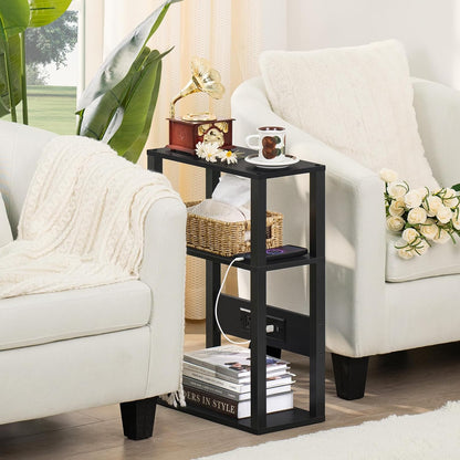 YUFAM 3-Tier Narrow Bedside Table Set 2 for Small Spaces, Skinny Nightstand | Thin Side Table with Charging Station, Slim End Table with USB & Outlets, Easy Assembly for Couch, Living Room, Bedroom,Black