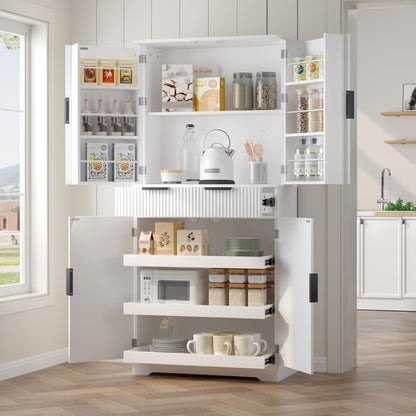 Modern Kitchen Pantry Cabinet, 71" Height Tall Freestanding Cupboard with a Drawer,3 Sliding Rack,6 Hanging Shelves,Fluted Kitchen Organizer Storage Cabinet for Dining Room Living Room (White-1)