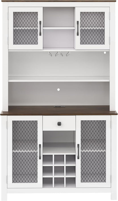 70.9" Kitchen Pantry Storage Cabinet, Rustic Bufft Cabinet with Doors and LED Outlets, Wooden Kitchen Hutch Cabinet with Shelves for Dining Room, White