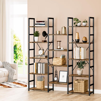 NUMENN Triple Column 5 Tier Bookshelf with 14 Adjustable Shelves, Vintage | Metal Frame & Wood Shelves, Open Freestanding Storage Unit with Supporting Bars for Bedroom, Living Room and Home Office