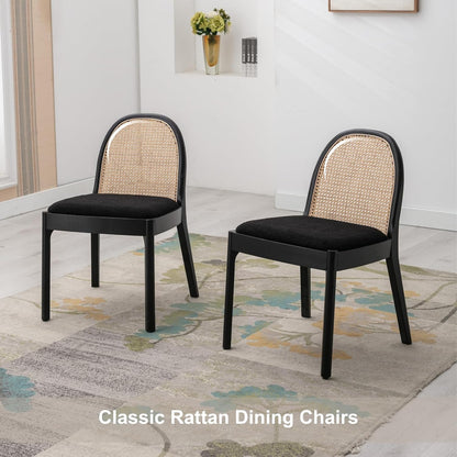 HEAH-YO Rattan Dining Chairs Set of 2, Upholstered Sherpa Dining Room Chairs with Backrests, Modern Kitchen Chairs with Wood Legs for Dining Room, Black