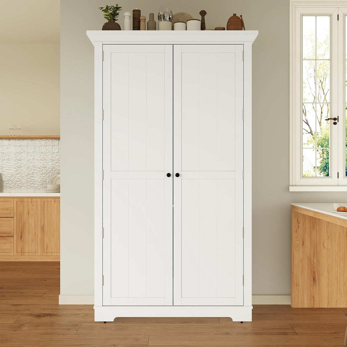 Shaker Style Kitchen Pantry with Drawers, Freestanding Storage Cupboard with Door Shelves, Adjustable Shelves and Pull-Out Trays,for Dining Room (White-B)