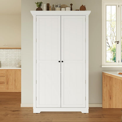 Merax 72" Tall Shaker Style Kitchen Pantry with 3 Drawers, Adjustable Shelves, Wood Cupboard Dining Storage Cabinet with Door Shelves and Pull-Out Trays for Living Room, Kitchen, Dining Room White