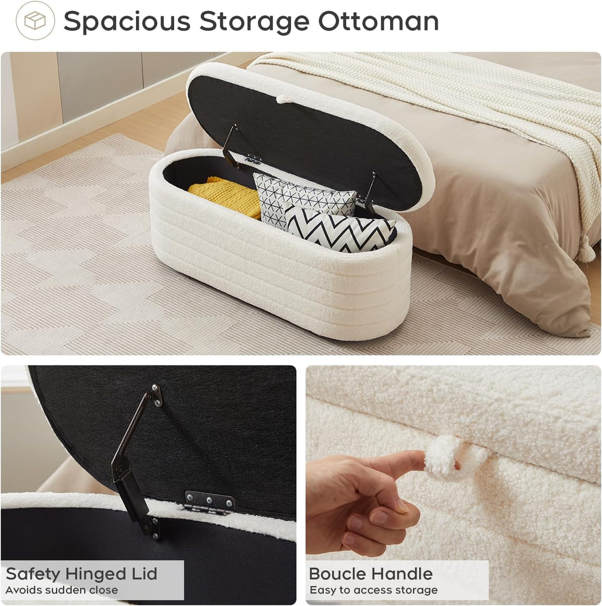 Storage Ottoman Bench End of Bed for Bedroom,45 inch Boucle Upholstered Entryway Shoe Seat Bench w/ Storage,Sherpa Modern Cute Padded Blanket Chest Stool Foot Rest for Living Room,Off-White