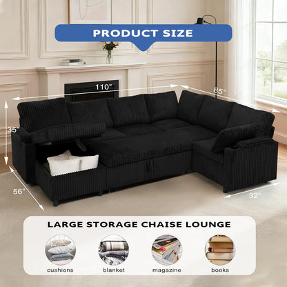 110” Corduroy Sectional Sofa w/Pull Out Bed & Storage Chaise, Reversible U Shaped Sofa w/Storage Armrests & Cup Holders, Corner Couch w/USB Charging Port & Throw Pillow for Living Room, Black