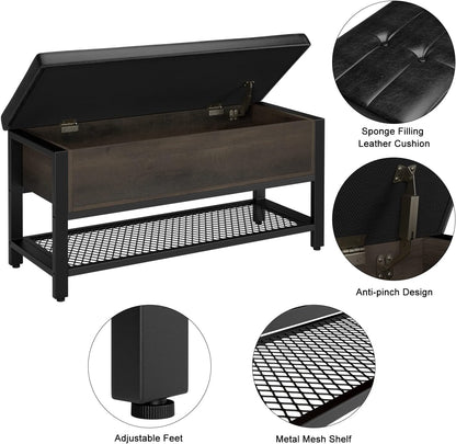 HOSTACK 40" W Storage Bench, Entryway Shoe Bench with Cushion, Dark Brown | Wood Metal Bench with Flip-Open Hidden Storage, Ottoman Bench with Padded Seat & Shoe Rack for Hallway, Bedroom, Living Room