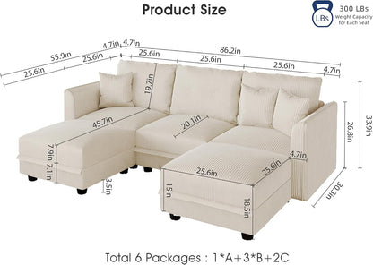 LLappuil Sectional Sofa Modular Cloud Couch with 5 Storage Seats & 3 Throw Pillows, Corduroy U Shaped Couches for Small Space, Rearrangable Apartment Sofas, Scratch Resistant, Beige