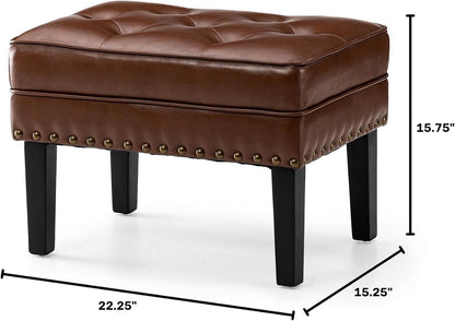 Glitzhome Faux Leather Foot Stool, Mid Century Modern Foot Stools Ottoman, Vintage Ottoman Tufted Square Vanity Seat, Coffee
