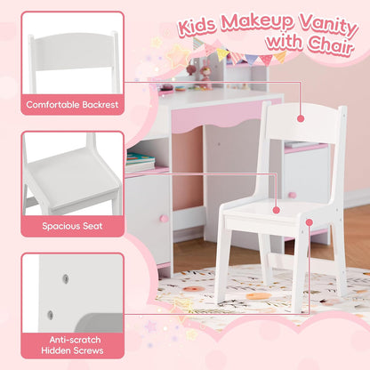 MU Kids Vanity, Girl Vanity Set with Mirror and Stool, 2 in 1 Toddler Makeup Vanity Table with Jewelry Storage, Wooden Princess Makeup Desk Dressing Table for Little Girls, (White)