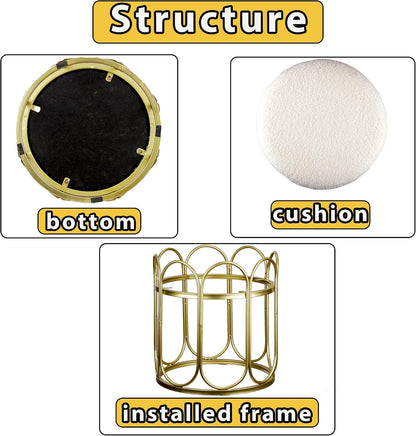 Pre-Assembled Modern Gold Vanity Stool, White Sherpa Boucle Round Ottoman & Metal Frame Pouf, 17.7" No Assembly Required Makeup Chair, Cozy Teddy Footrest for Bedroom & Living Room
