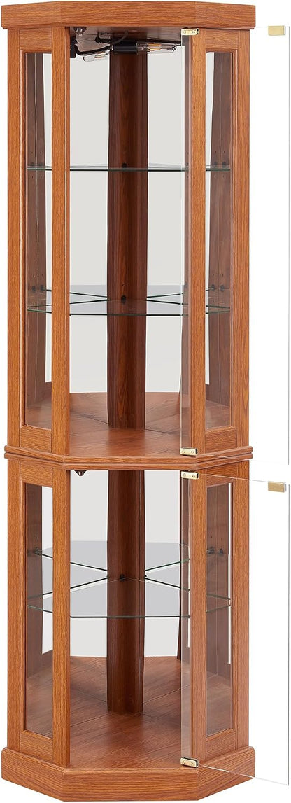 Tall Corner Cabinet with Glass Doors, Lighted Glass Display Curio Cabinet with Adjustable Shelves, Home Office Floor Standing Display Cabinets for Bar, Liquor Storage and Medal, Dark Oak