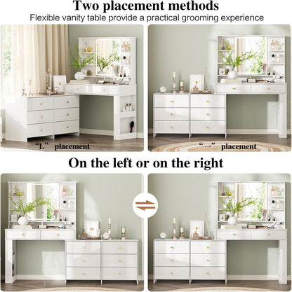 Ieejdn Makeup Vanity Desk with Mirror and Lights, Vanity Desk with 8 Drawers & Storage Shelves, Vanity Table with Power Outlet, 3 Color Modes & Adjustable Brightness Dressing Table, Bedroom,White