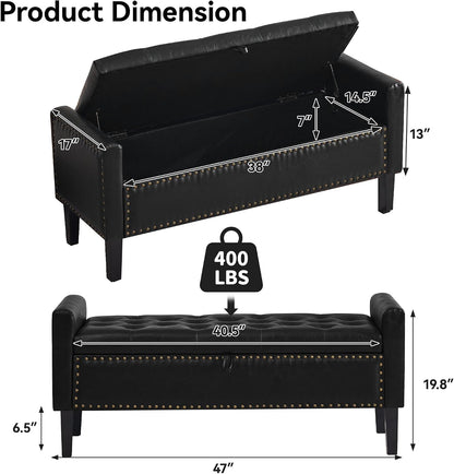 WUTUTUEE 47" Modern Water-Resistant Faux Leather Storage Ottoman Bench with Wooden Legs, Upholstered End of Bed Bench for Bedroom, Living Room or Entryway, Black