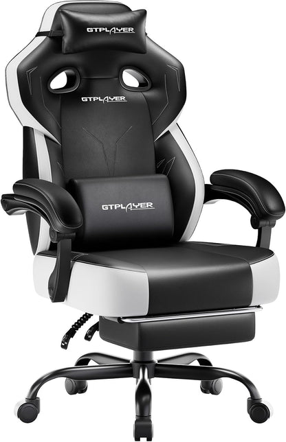 GTPLAYER Big & Tall Gaming Chair, Wide Seat with Footrest, Jet Black | Ergonomic High Back Computer Desk Chair for Adults, Comfort Padded Seat with Lumbar Support Armrests Recliner for Office/Home