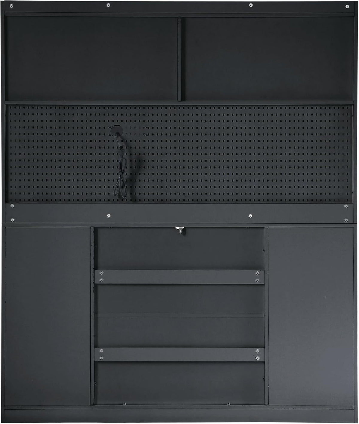 Freestanding Kitchen Pantry Cabinet with Hutch, Large Coffee Bar Storage Cabinet with Adjustable Shelves, Drawers, Pegboard, Towel Rack and Power Outlet (Black)