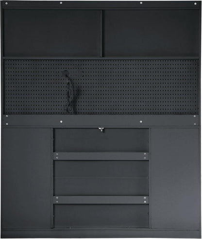 Freestanding Kitchen Pantry Cabinet with Hutch, Large Coffee Bar Storage Cabinet with Adjustable Shelves, Drawers, Pegboard, Towel Rack and Power Outlet (Black)