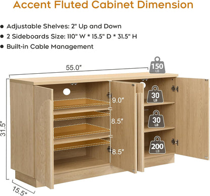 Yechen 110" Modular Fluted Sideboard Buffet Cabinet with Storage, Wood Mid Century Modern Credenza Cabinet w/Arched Reeded Doors & Adjustable Shelves for Kitchen, Living Room, Natural