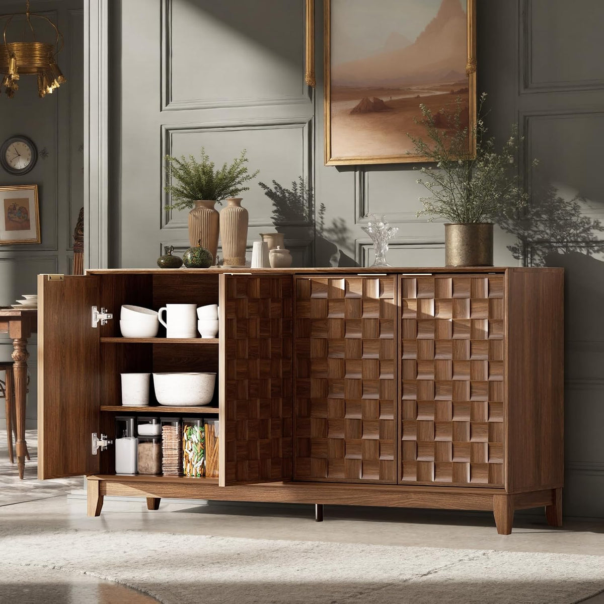 COLAMY 60" Sideboard Buffet Cabinet with Storage, Modern 4-Door Buffet Table with 3D Checkerboard Doors & Solid Wood Legs, Large Coffee Bar Cabinet for Dining Room, Living Room, Entryway, Espresso