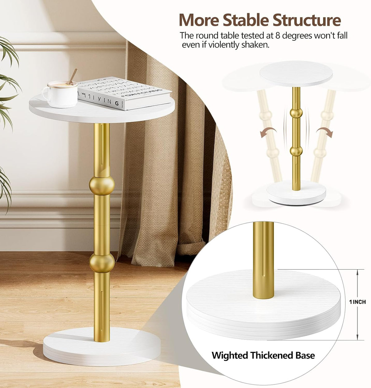 Drink Table, Small Round Side Table for Small Spaces, Modern Accent Round End Tables with Metal Leg, Thickened Wood Pedestal Coffee Tables for Living Room, Bedroom, Narrow Corners,Sofa Couch