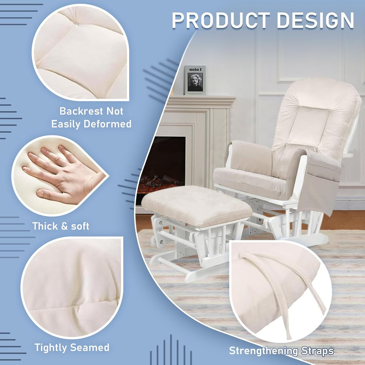 5 PCS Glider Rocker Cushions Set - Non-Slip, Washable & Thickened Replacement Cushions with Ottoman Cover & Storage Pocket - Ideal for Comfortable Glider Rockers