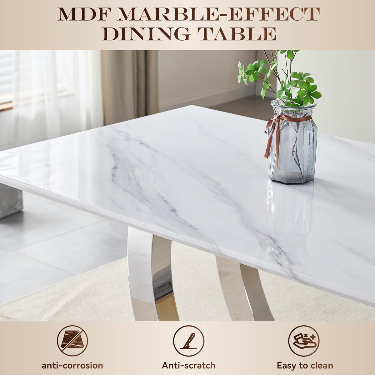 69.3" White Marble Dining Table for 6-8, Luxury Rectangular Kitchen Table with Silver Double U-Shape Stainless Steel Base, Modern Large Faux Marble Dining Room Table for Kitchen Living Room