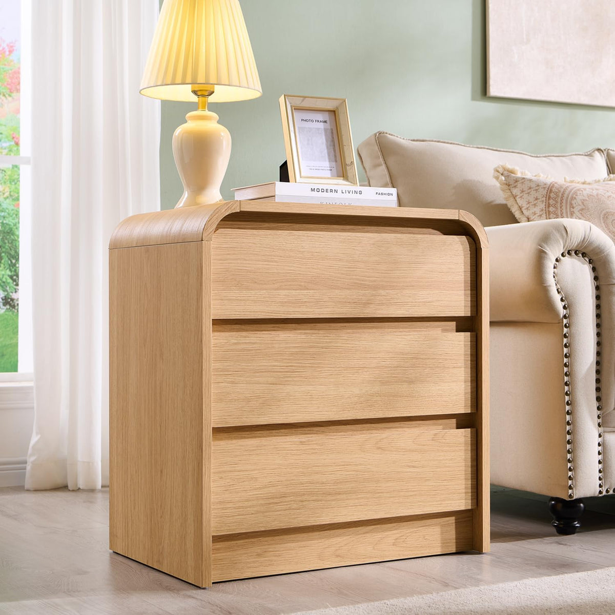 Aitjunz 25" Tall Modern Nightstand with Charging Station, 23.6'' Wide Wood Bedside Table w/3 Storage Drawers, Small Dresser w/Curved Profile Design, End Table for Bedroom, Natural Oak
