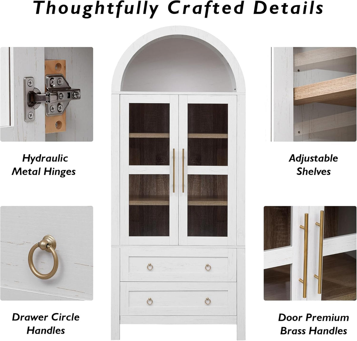 Tall Arched Pantry Cabinet with Glass Doors,White Kitchen Pantry with Adjustable Shelves,Arched Display Cabinet,for Kitchen, Dining Room